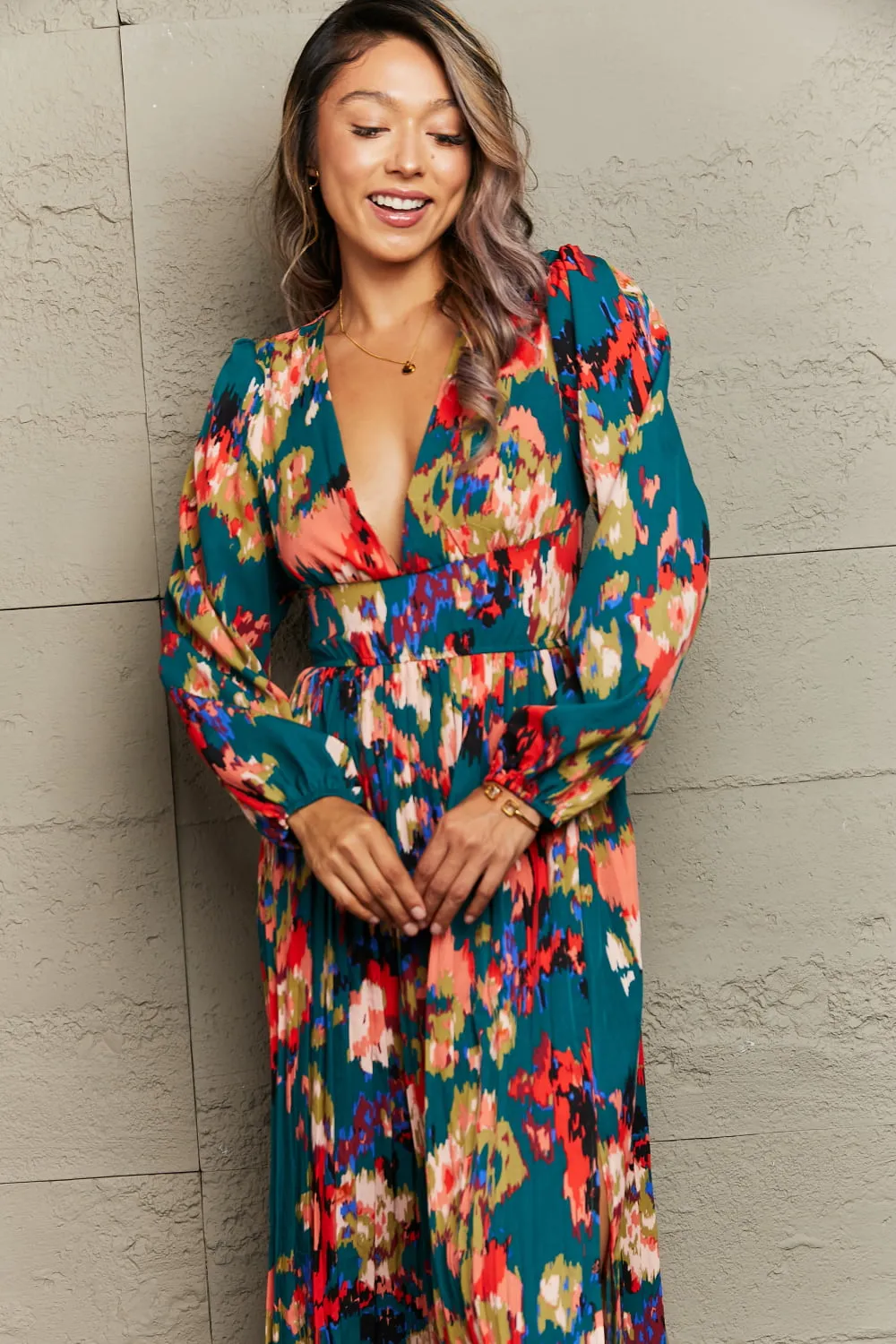 🌺 Printed Deep V Slit Pleated Dress 🌺