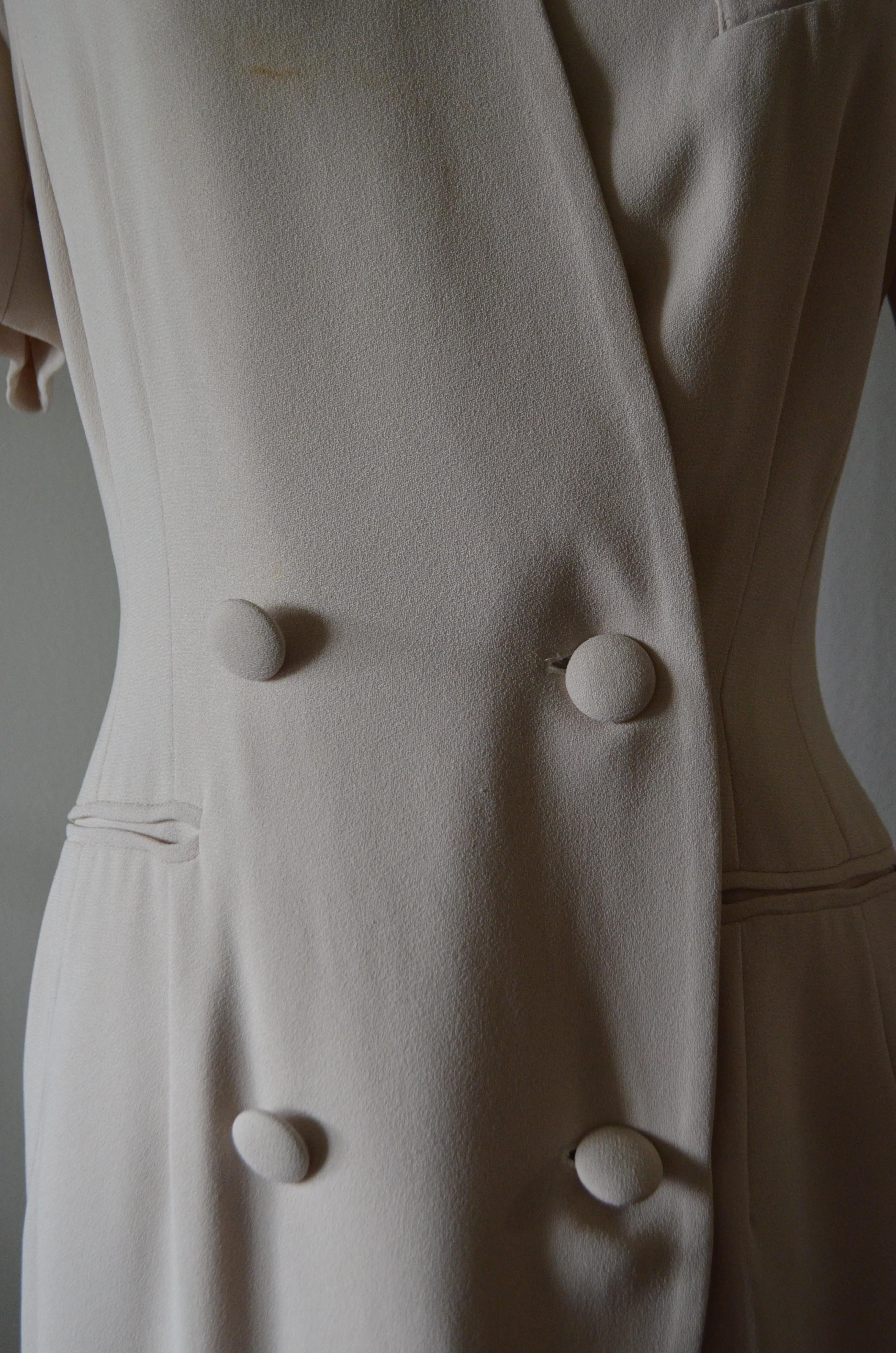 1980S Blazer Dress Beige Button Down Shirt Dress With Linen Shoulder Pads