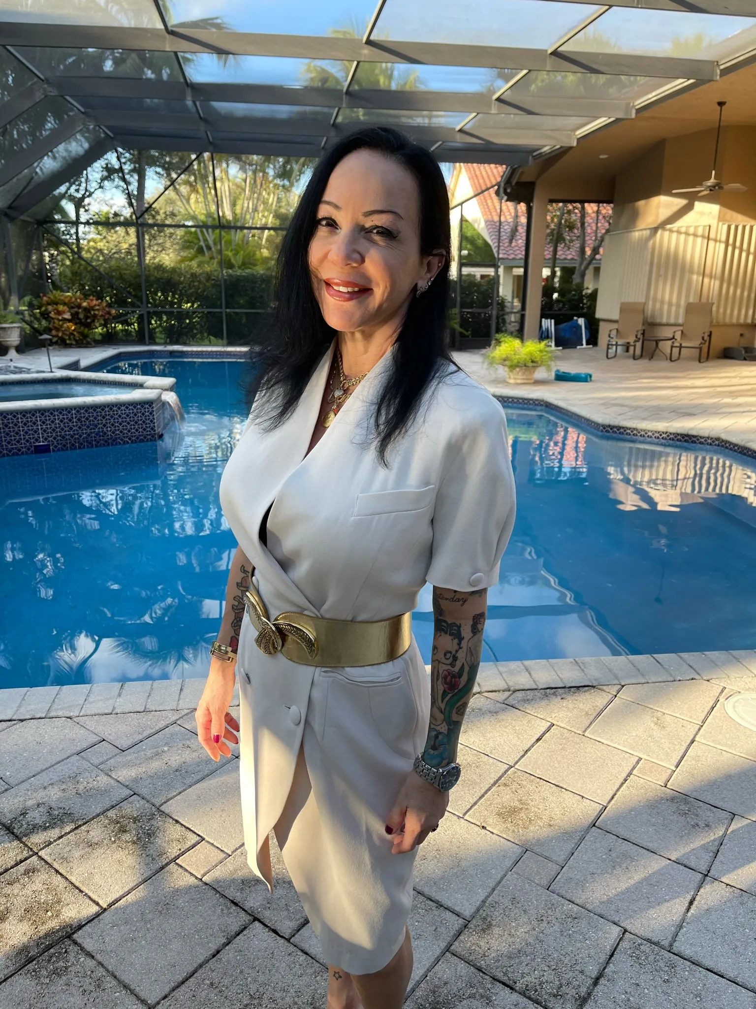 1980S Blazer Dress Beige Button Down Shirt Dress With Linen Shoulder Pads
