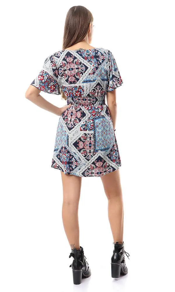 56521 Elastic Waist Deep & Wide V-Neck Short Dress - Multicolour