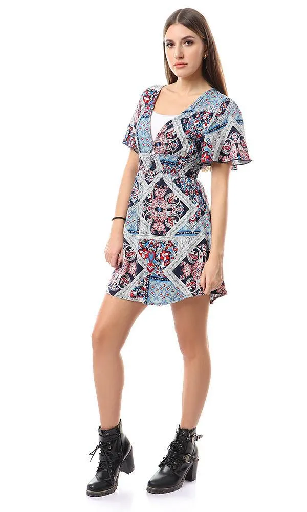 56521 Elastic Waist Deep & Wide V-Neck Short Dress - Multicolour