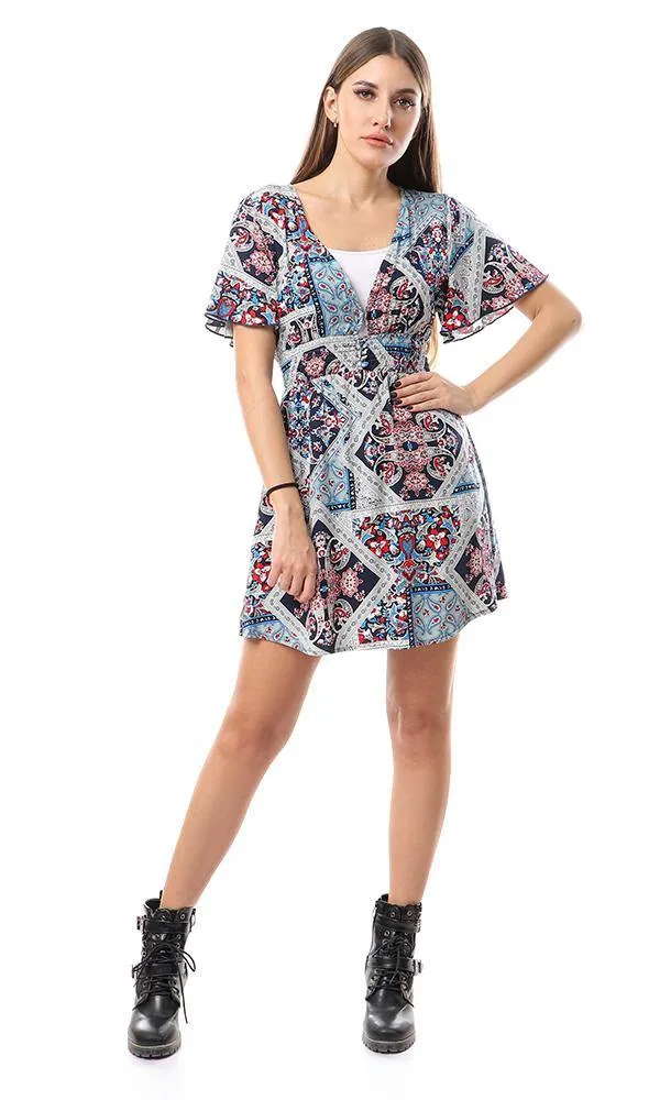 56521 Elastic Waist Deep & Wide V-Neck Short Dress - Multicolour
