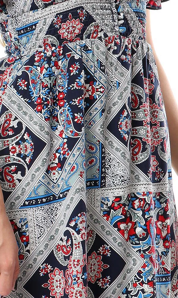 56521 Elastic Waist Deep & Wide V-Neck Short Dress - Multicolour