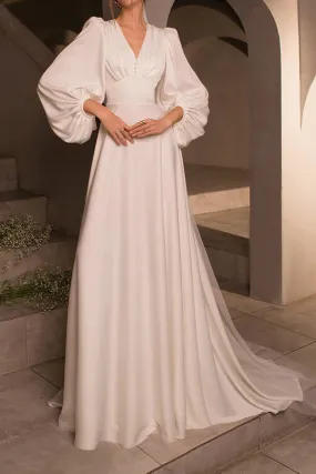 A-neck V-neck long sleeved satin minimalist drag on wedding dress