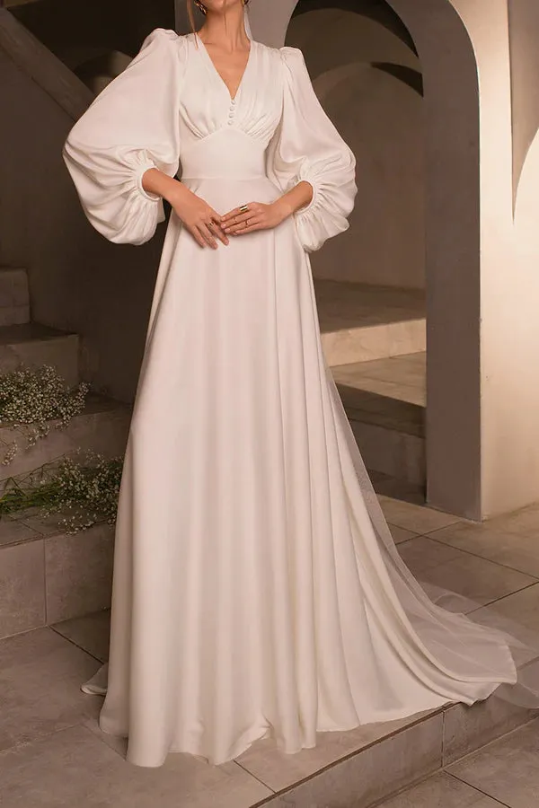 A-neck V-neck long sleeved satin minimalist drag on wedding dress
