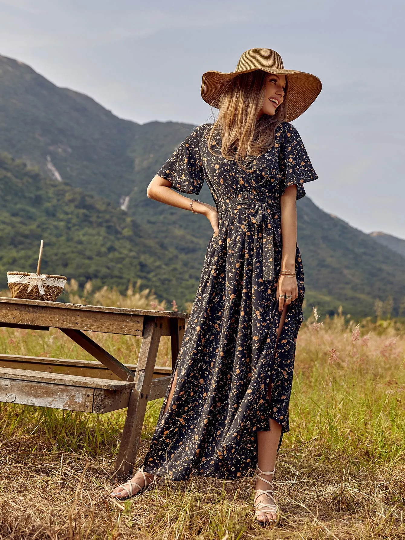 Allover Floral Print Split Thigh Belted Dress