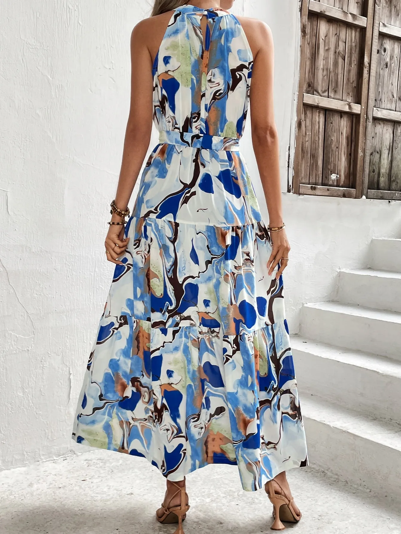 Allover Print Ruffle Hem Belted Halter Dress