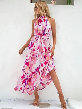Allover Print Ruffle Hem Belted Halter Dress