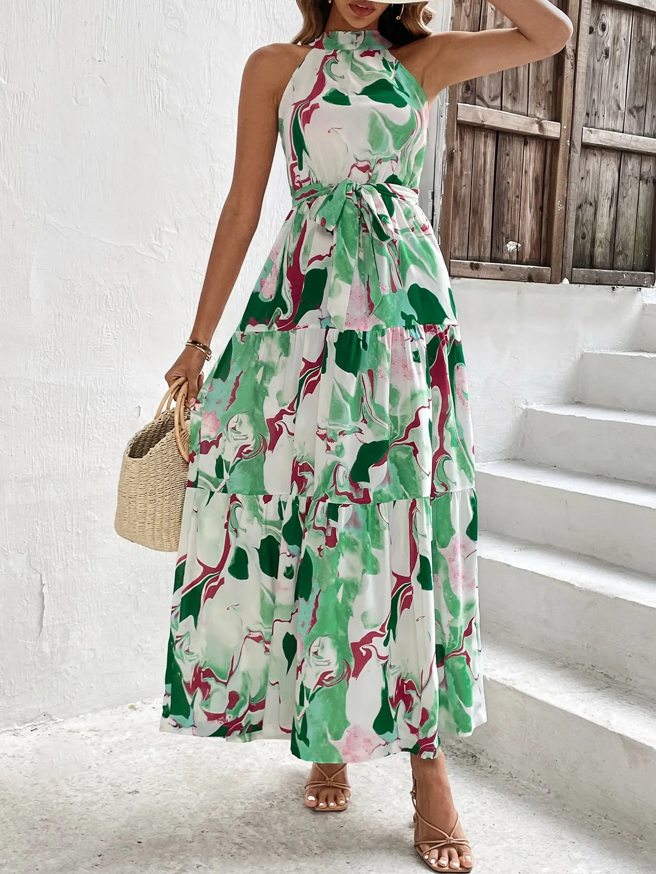 Allover Print Ruffle Hem Belted Halter Dress