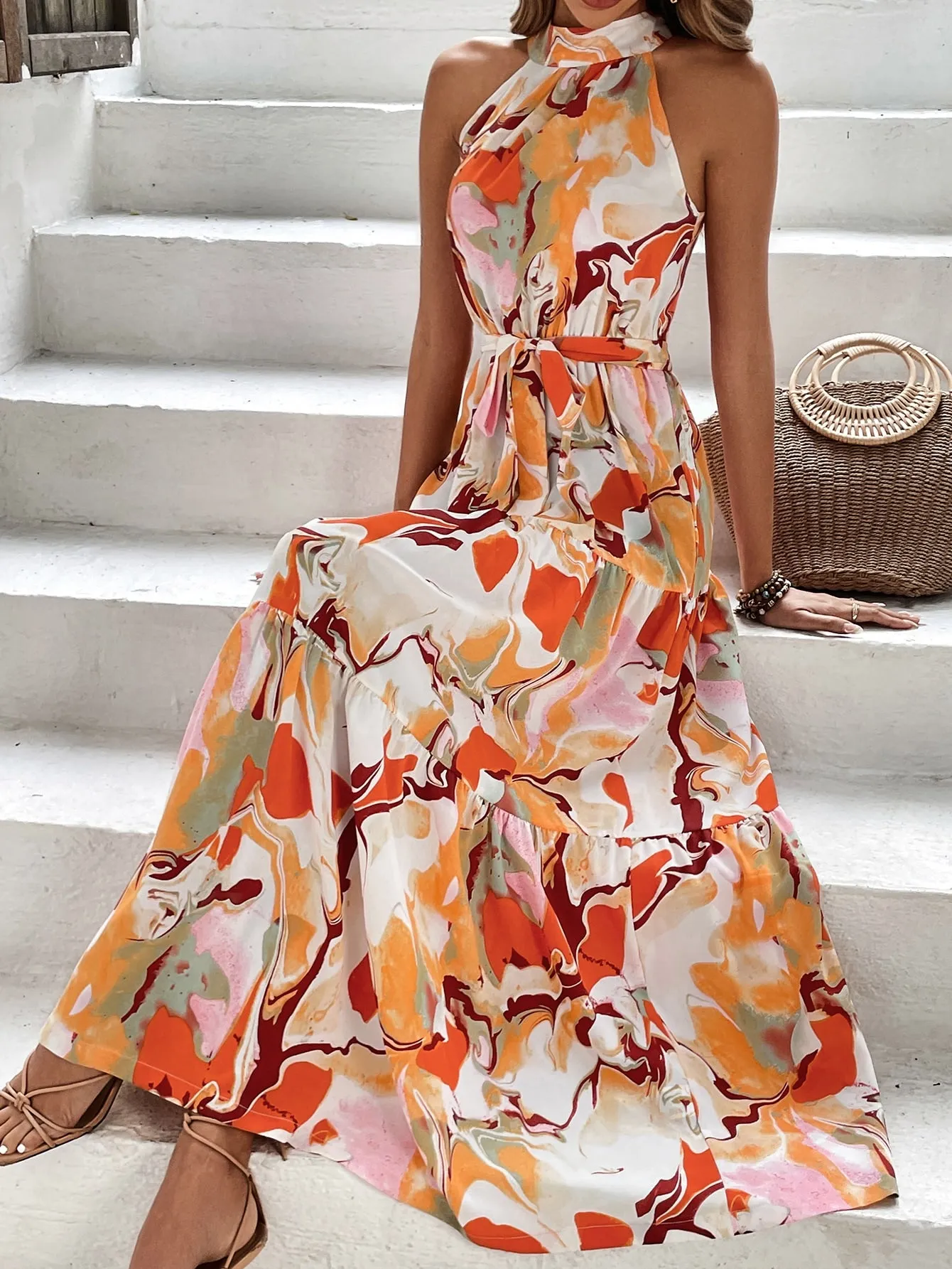 Allover Print Ruffle Hem Belted Halter Dress