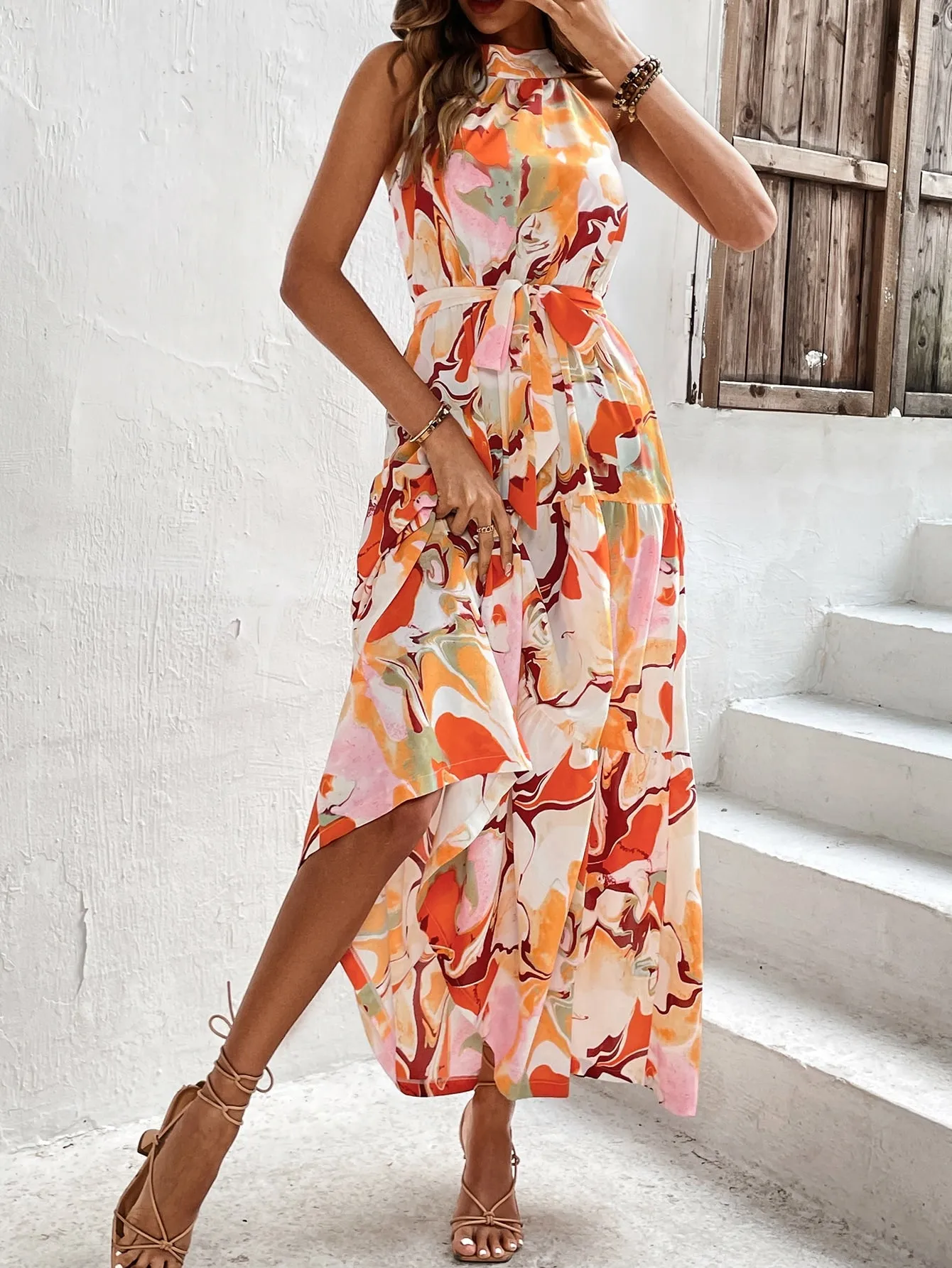 Allover Print Ruffle Hem Belted Halter Dress