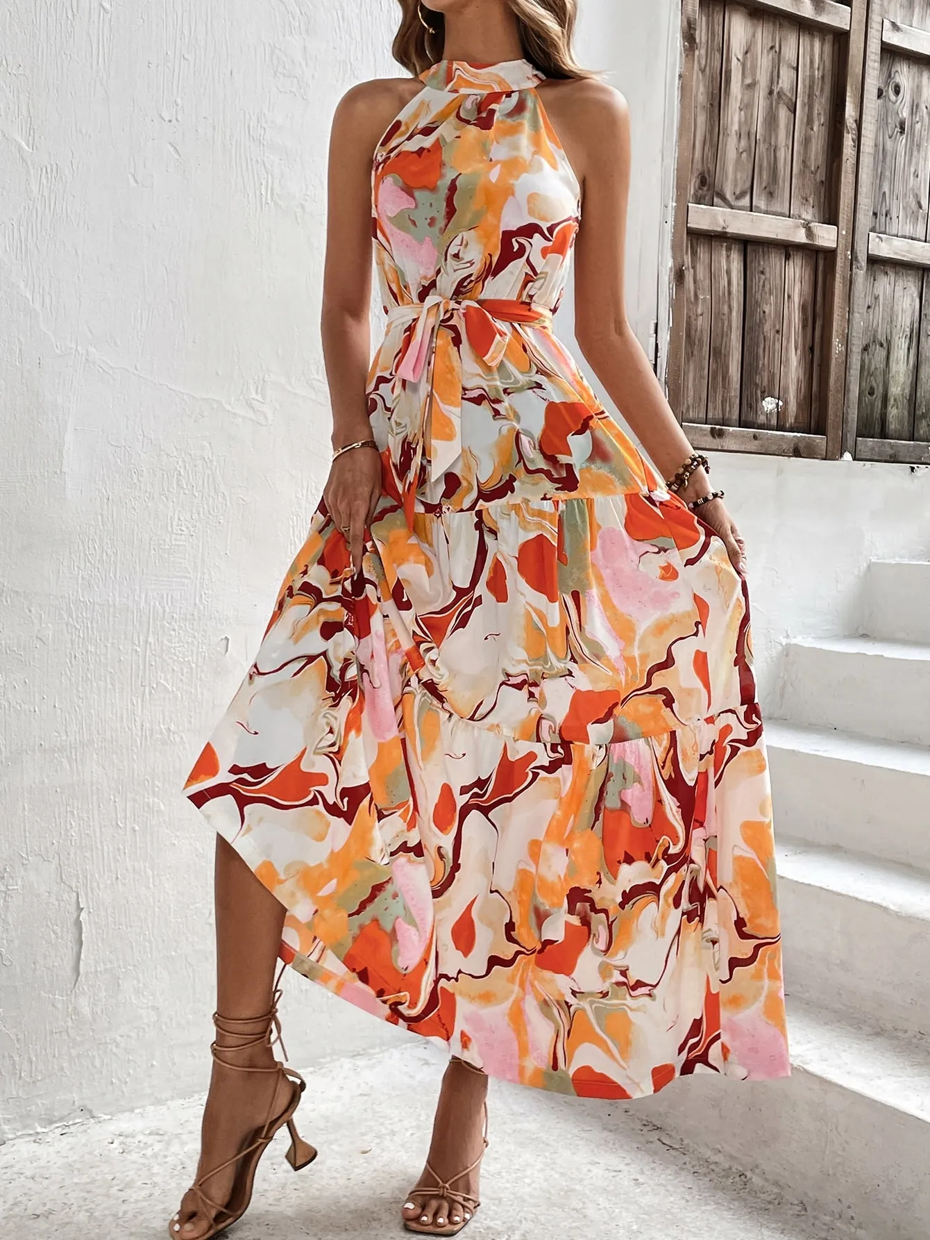 Allover Print Ruffle Hem Belted Halter Dress