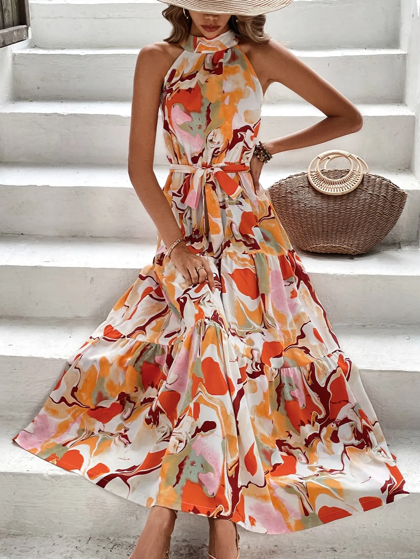 Allover Print Ruffle Hem Belted Halter Dress