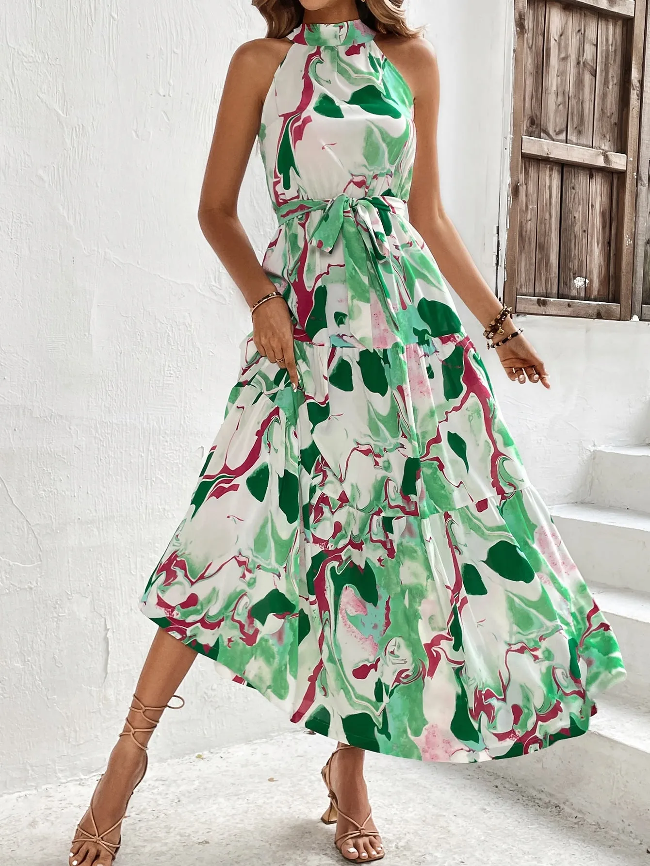 Allover Print Ruffle Hem Belted Halter Dress