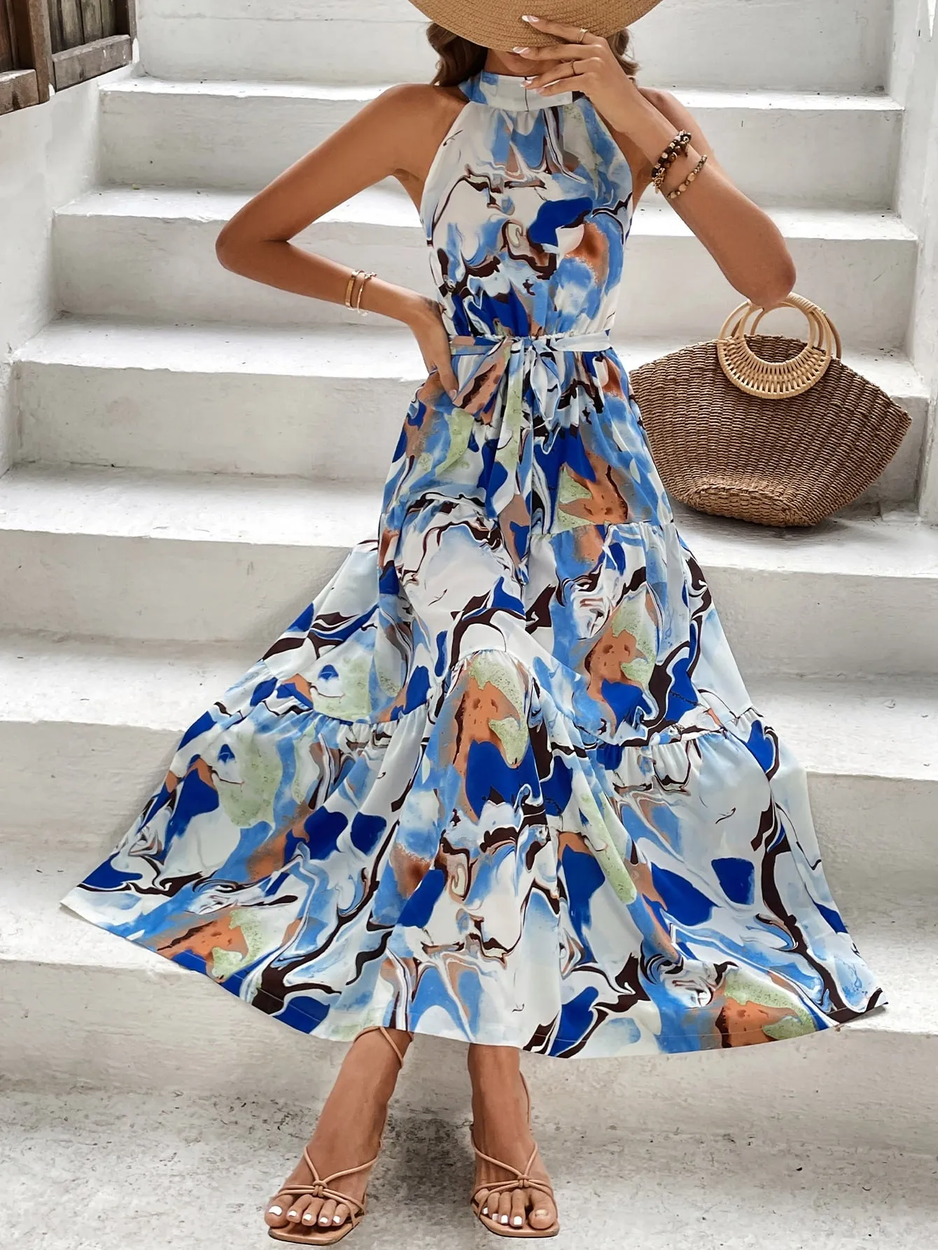 Allover Print Ruffle Hem Belted Halter Dress
