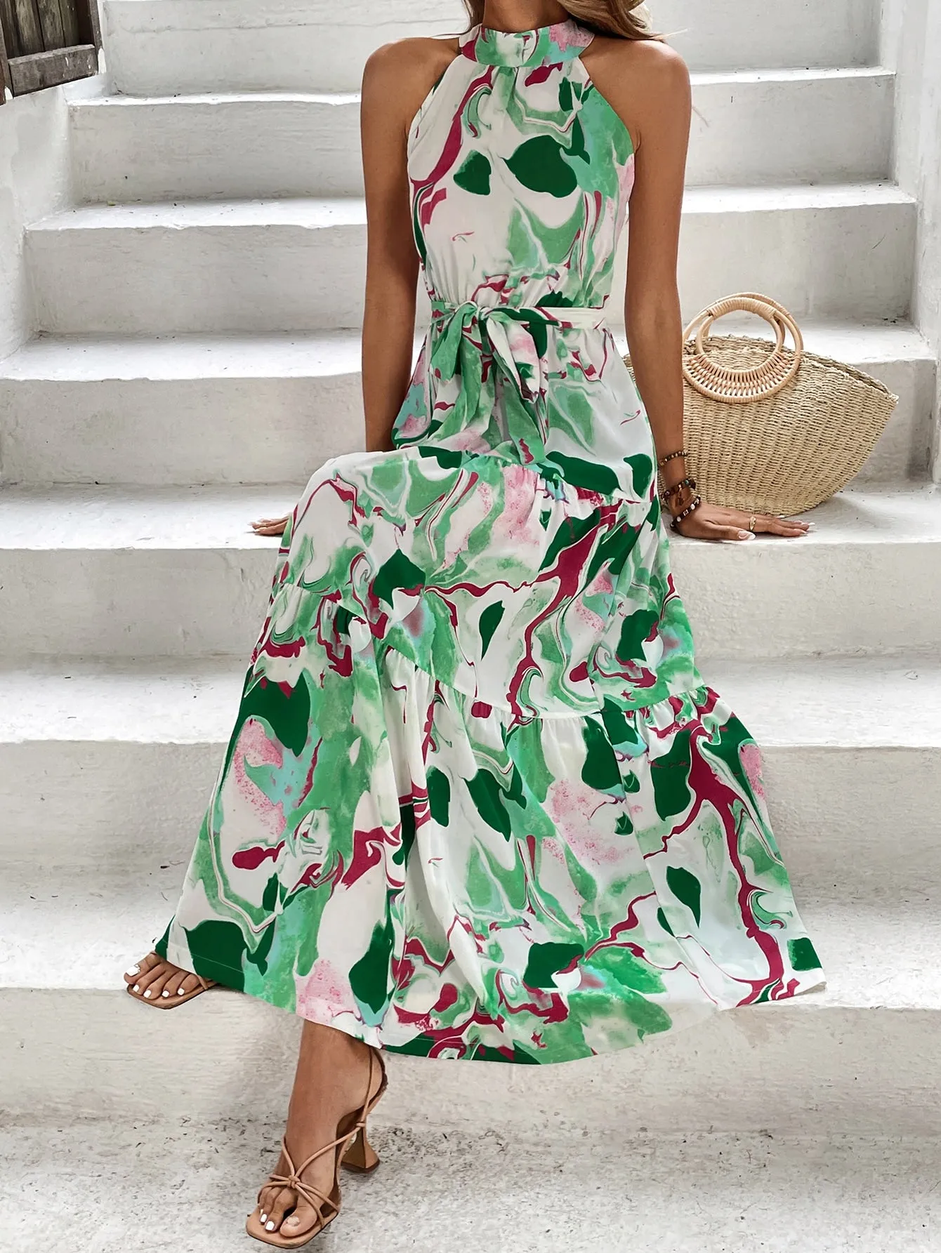 Allover Print Ruffle Hem Belted Halter Dress