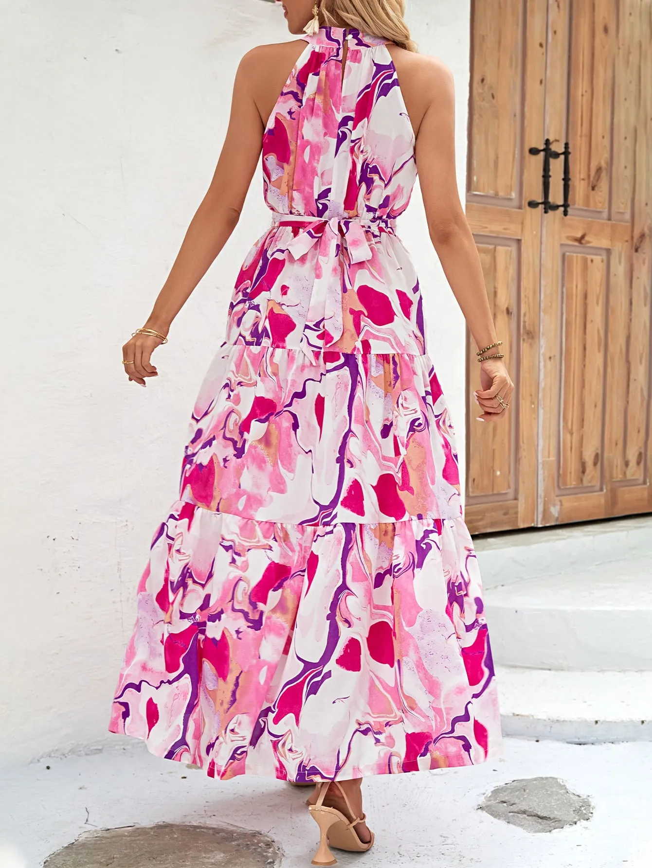 Allover Print Ruffle Hem Belted Halter Dress