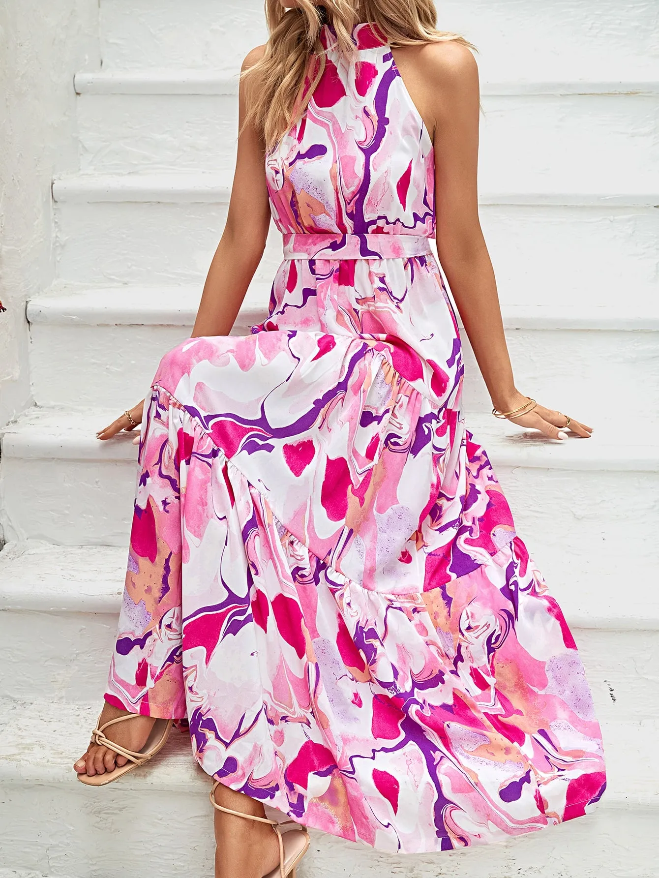 Allover Print Ruffle Hem Belted Halter Dress