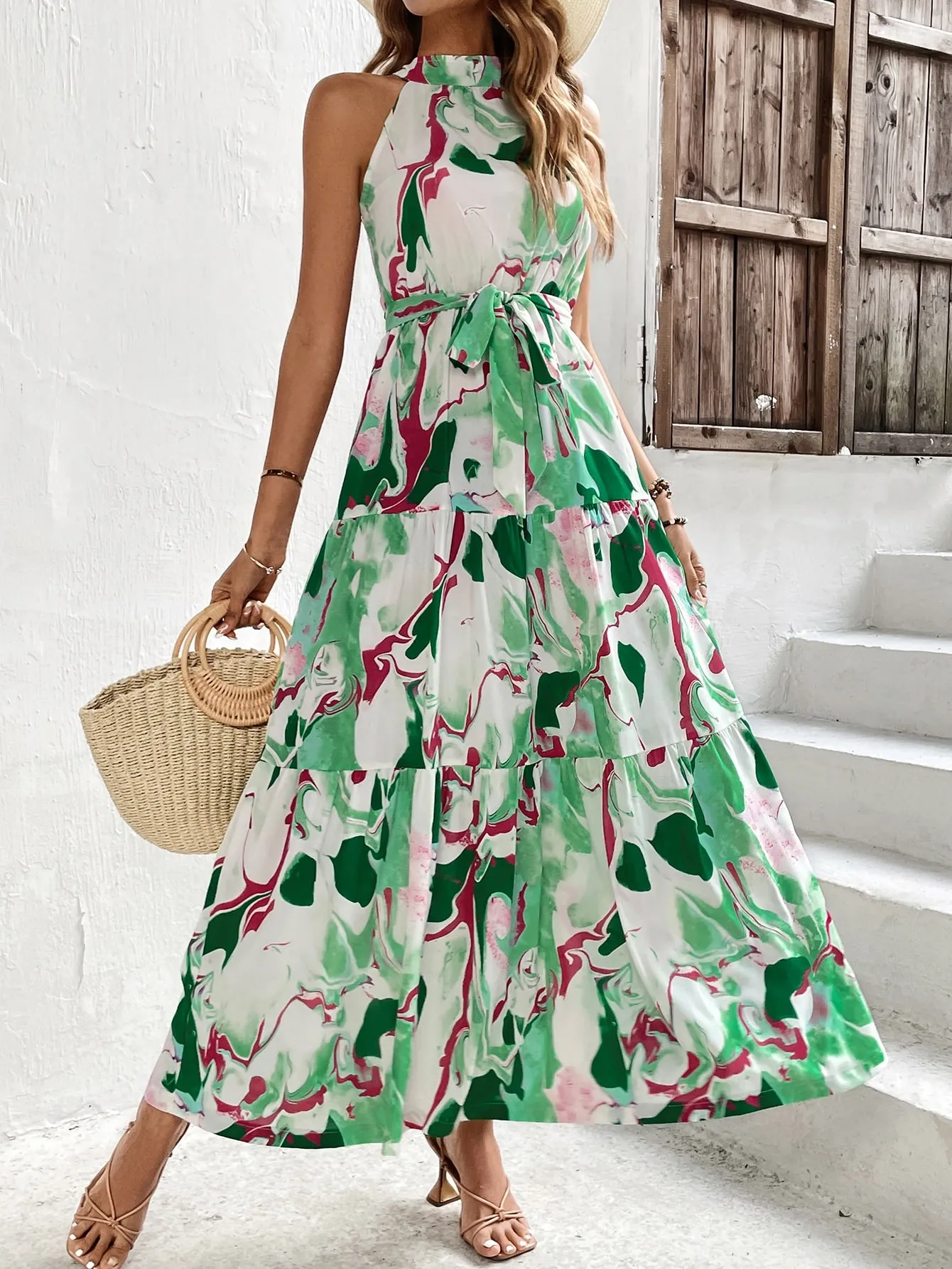 Allover Print Ruffle Hem Belted Halter Dress