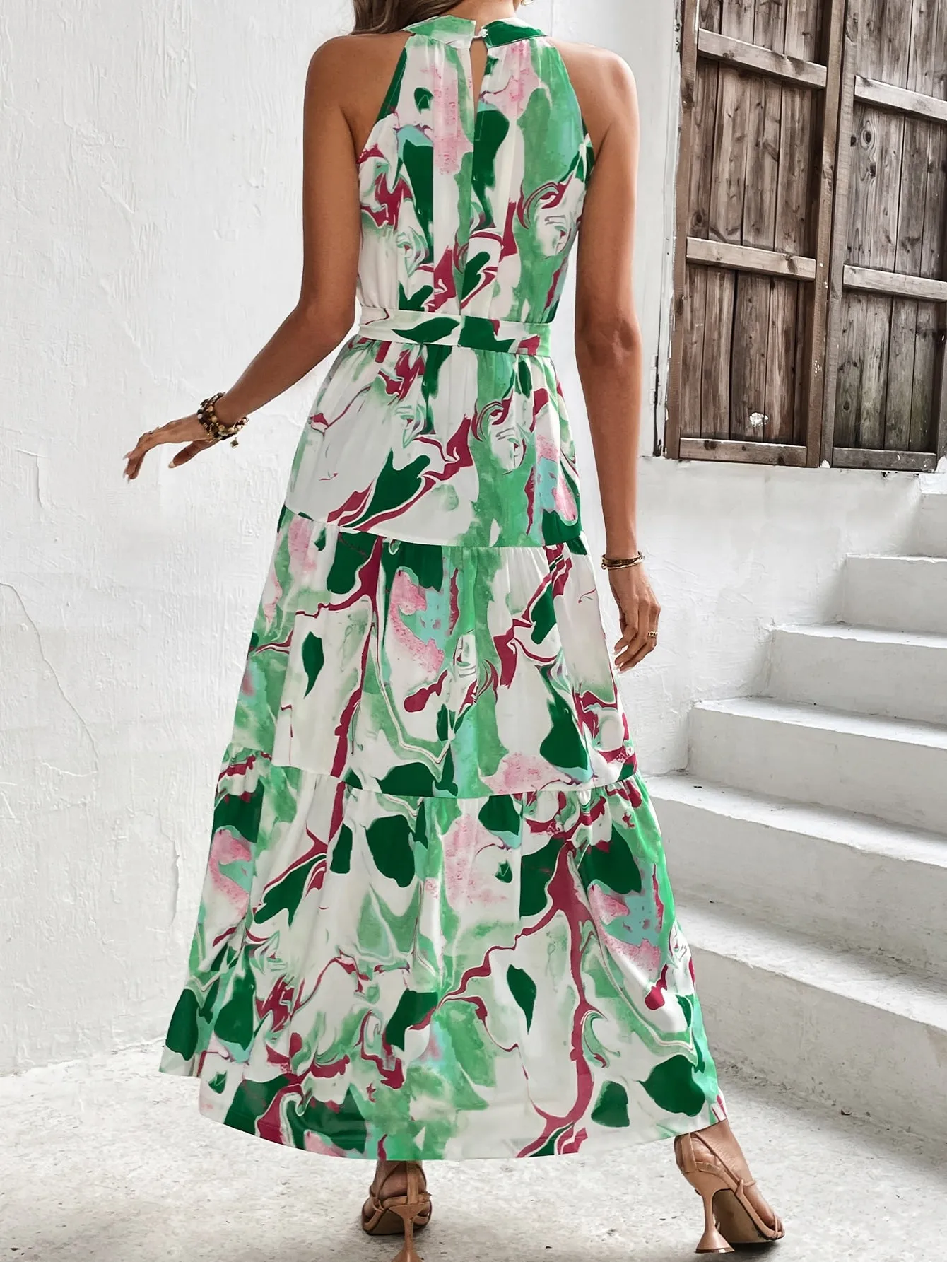 Allover Print Ruffle Hem Belted Halter Dress
