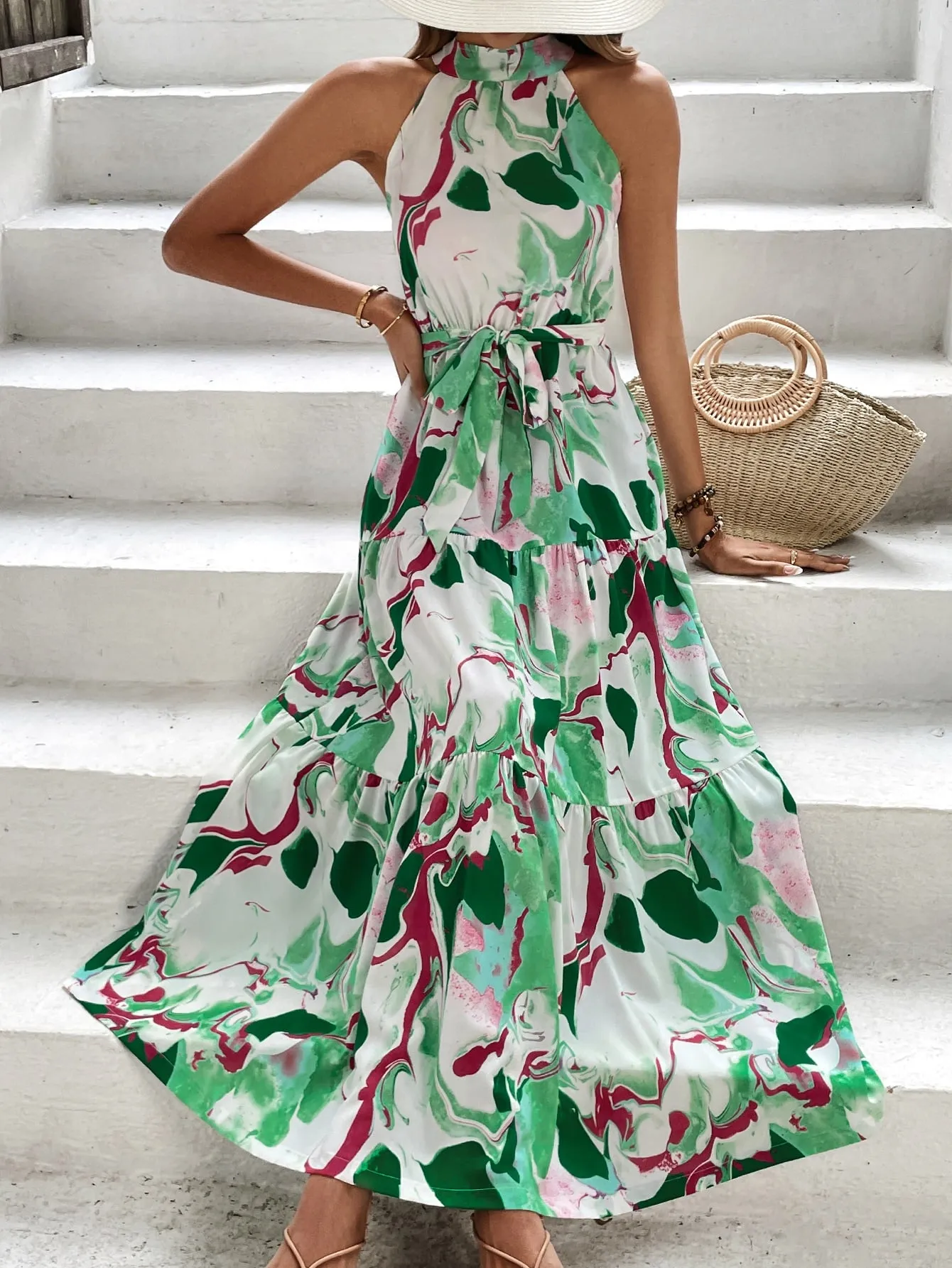 Allover Print Ruffle Hem Belted Halter Dress