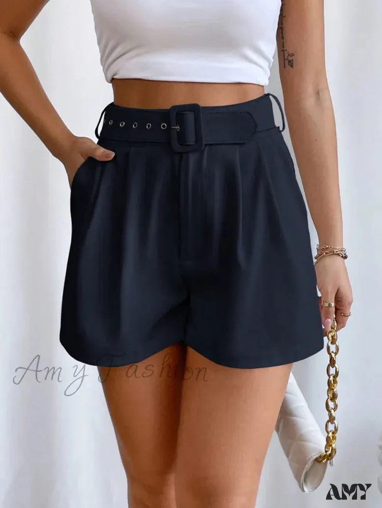 Amy Fashion - Fold Pleated Belted Wide Leg Shorts