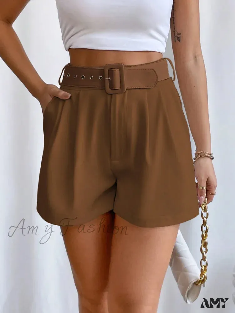 Amy Fashion - Fold Pleated Belted Wide Leg Shorts
