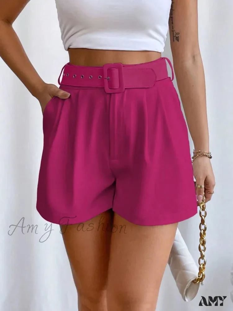 Amy Fashion - Fold Pleated Belted Wide Leg Shorts