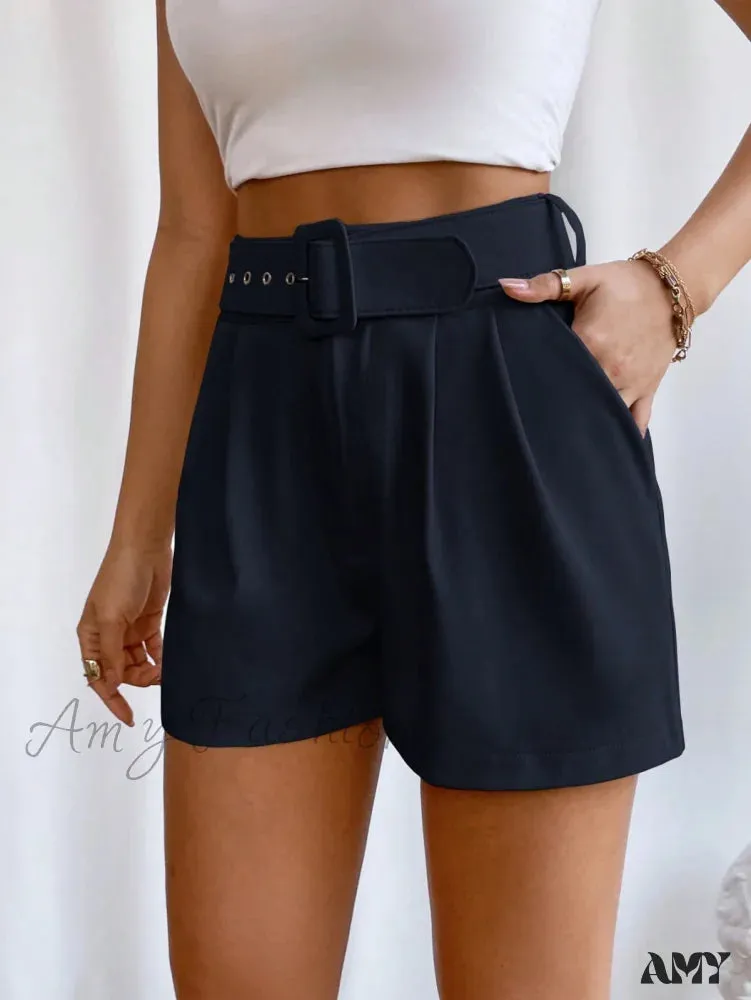 Amy Fashion - Fold Pleated Belted Wide Leg Shorts