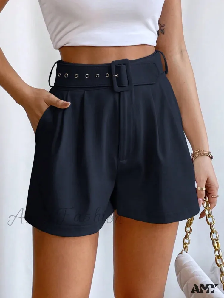 Amy Fashion - Fold Pleated Belted Wide Leg Shorts