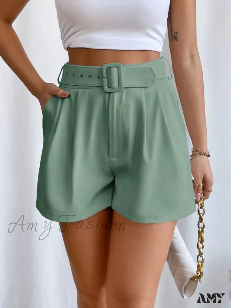 Amy Fashion - Fold Pleated Belted Wide Leg Shorts