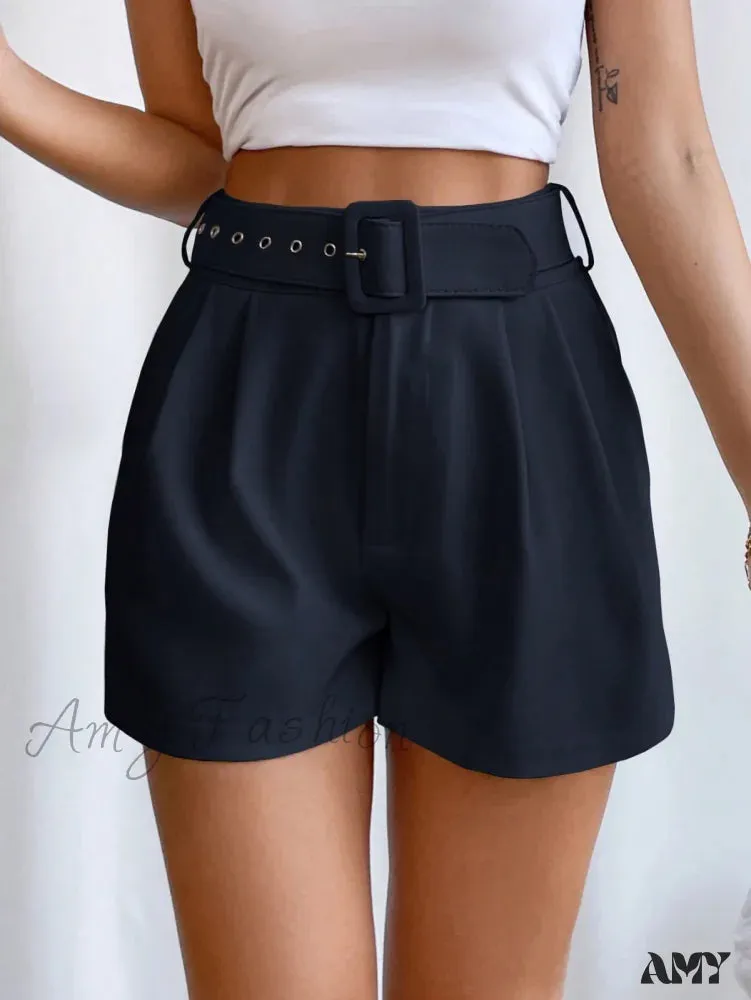 Amy Fashion - Fold Pleated Belted Wide Leg Shorts