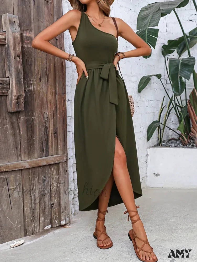 Amy Fashion - One Shoulder Wrap Hem Belted Dress
