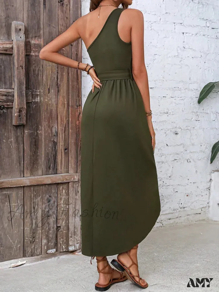 Amy Fashion - One Shoulder Wrap Hem Belted Dress