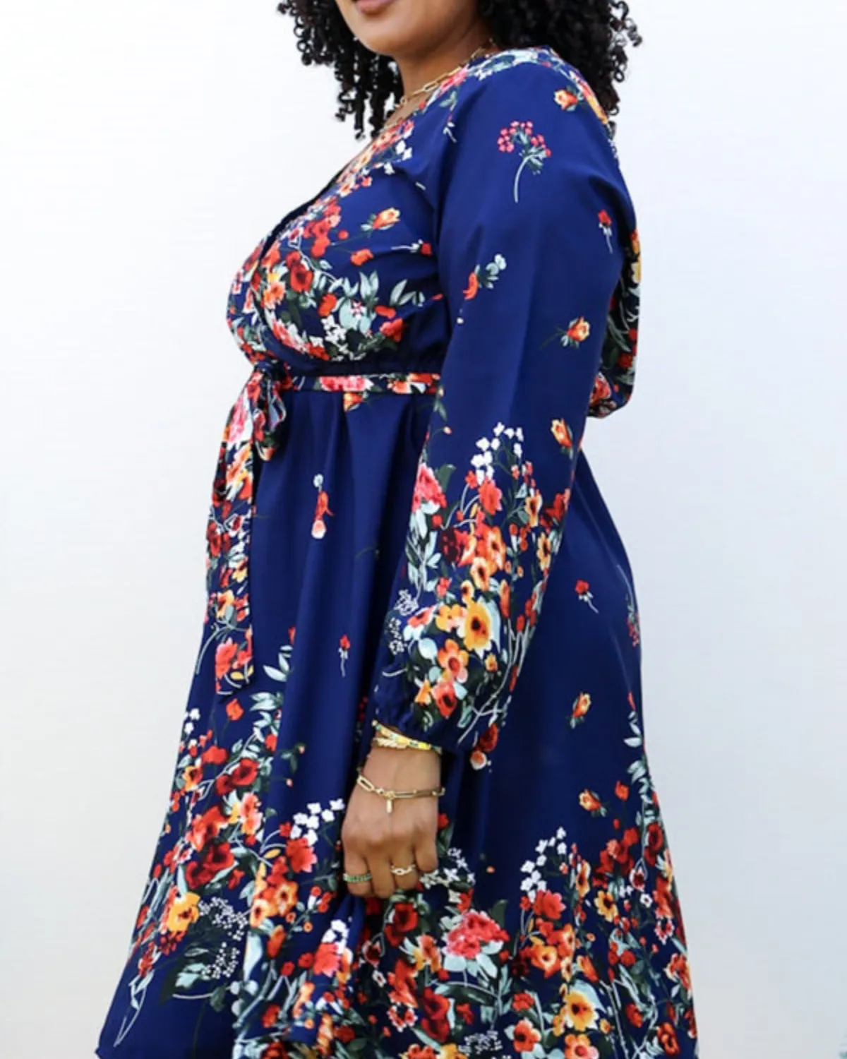 Anna Kaci Plus Size Floral Mix Print Tied Belt Waist Navy Midi Dress - Jn4736