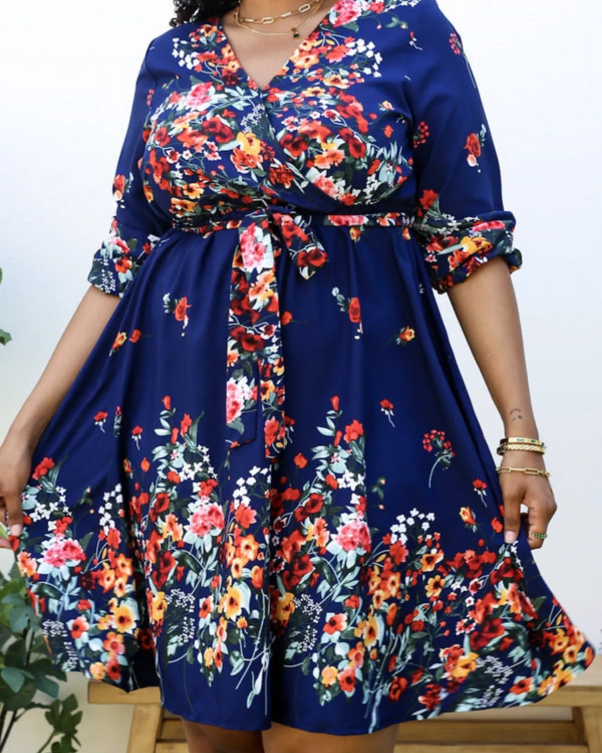 Anna Kaci Plus Size Floral Mix Print Tied Belt Waist Navy Midi Dress - Jn4736