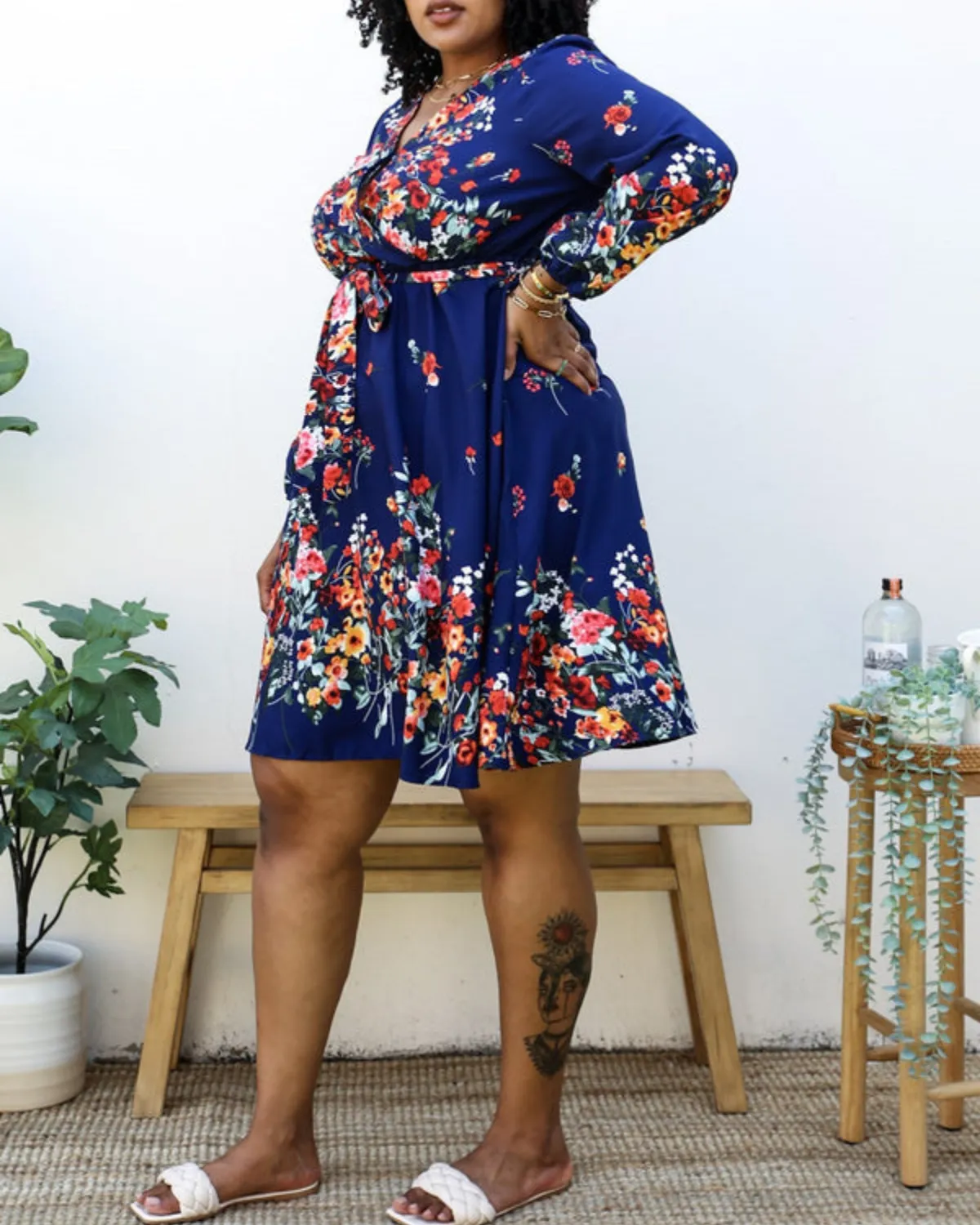 Anna Kaci Plus Size Floral Mix Print Tied Belt Waist Navy Midi Dress - Jn4736