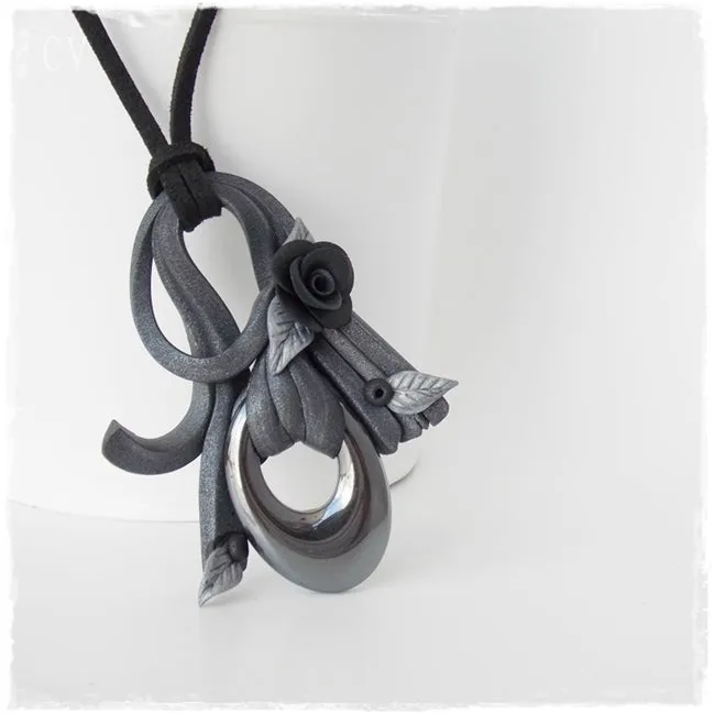 Artistic Black Rose Hematite Pendant