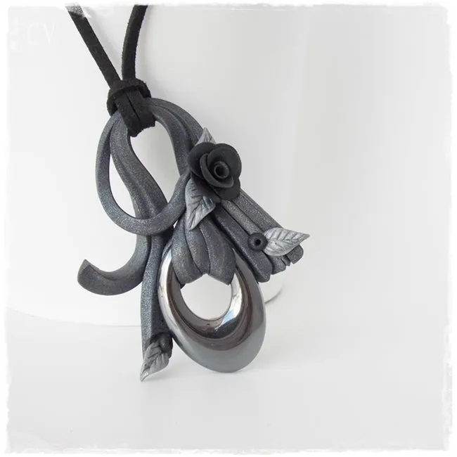 Artistic Black Rose Hematite Pendant