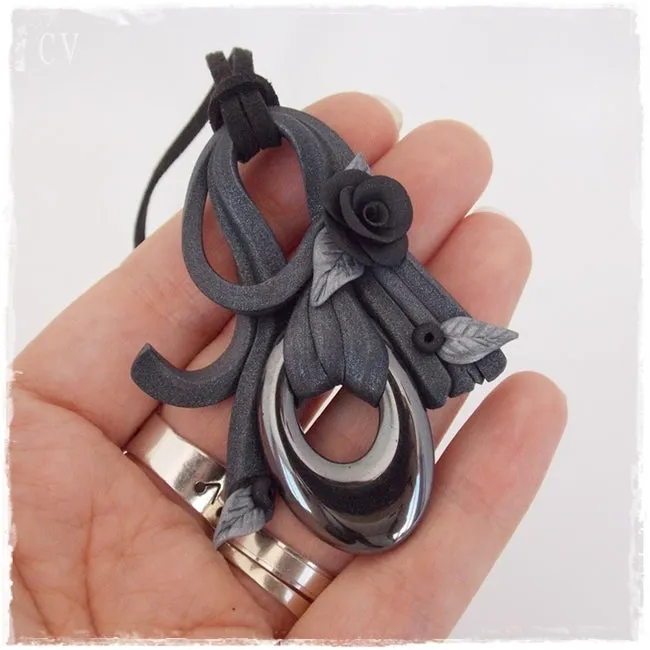 Artistic Black Rose Hematite Pendant