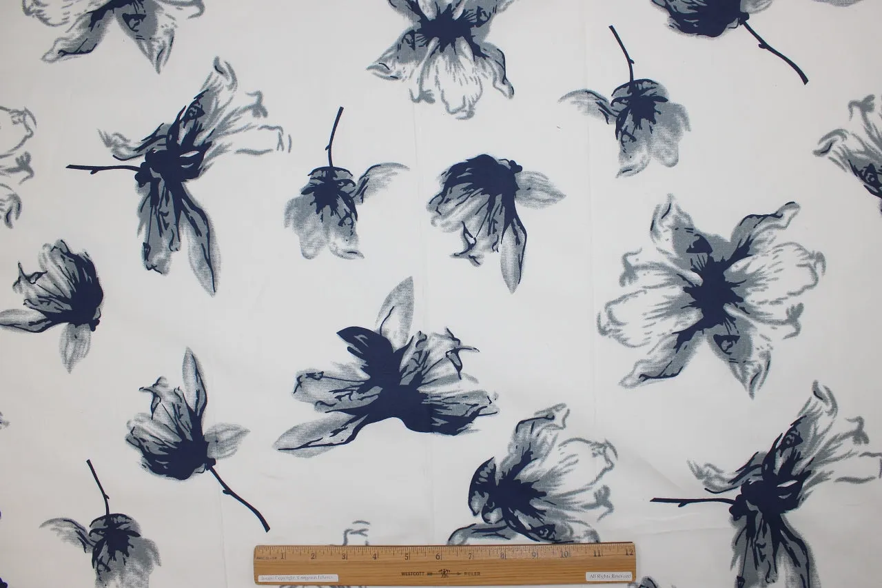 Artistic Floral Stretch Cotton Sateen - Gray/Blue/Off-White