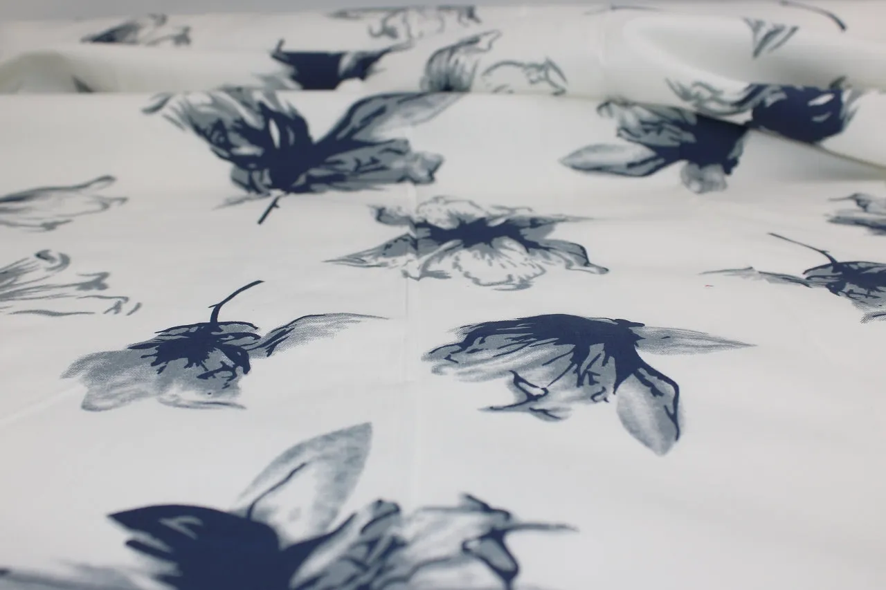 Artistic Floral Stretch Cotton Sateen - Gray/Blue/Off-White