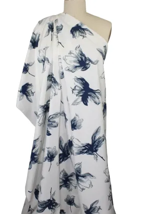 Artistic Floral Stretch Cotton Sateen - Gray/Blue/Off-White