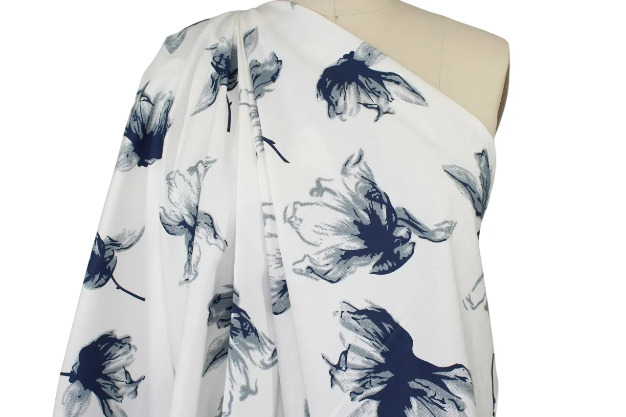 Artistic Floral Stretch Cotton Sateen - Gray/Blue/Off-White