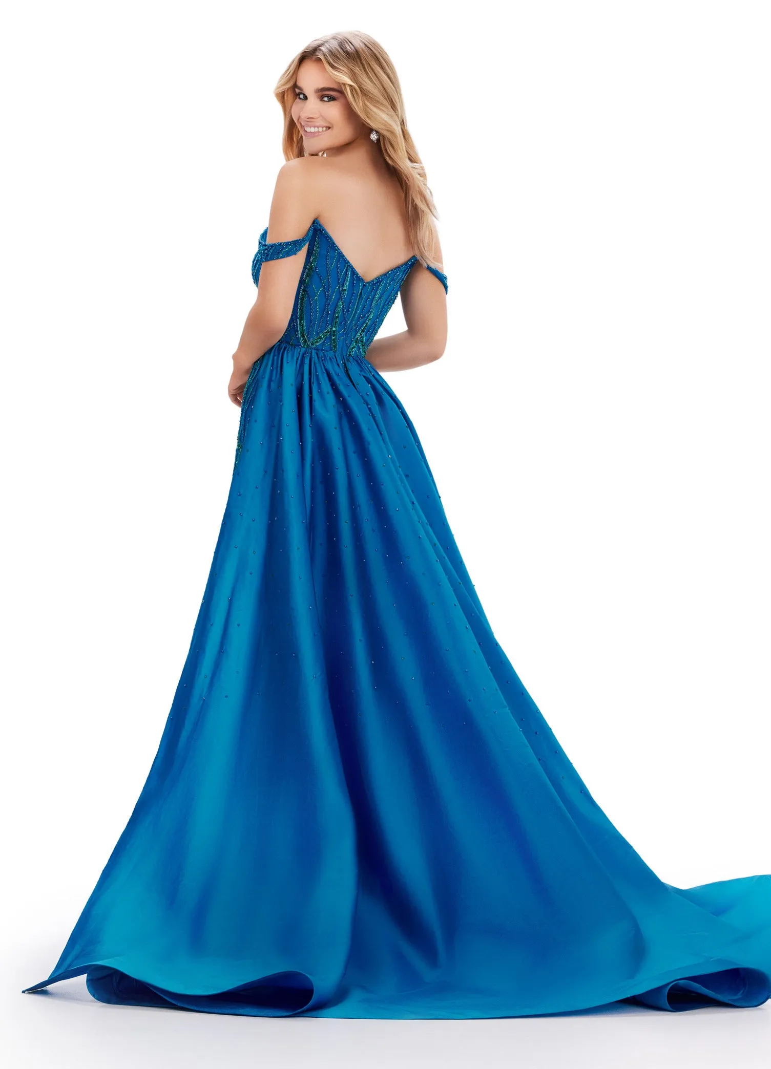 Ashley Lauren 11458 Long Prom Dress Fully Beaded Strapless Gown Off Shoulder Draping Taffeta Overskirt Formal Pageant