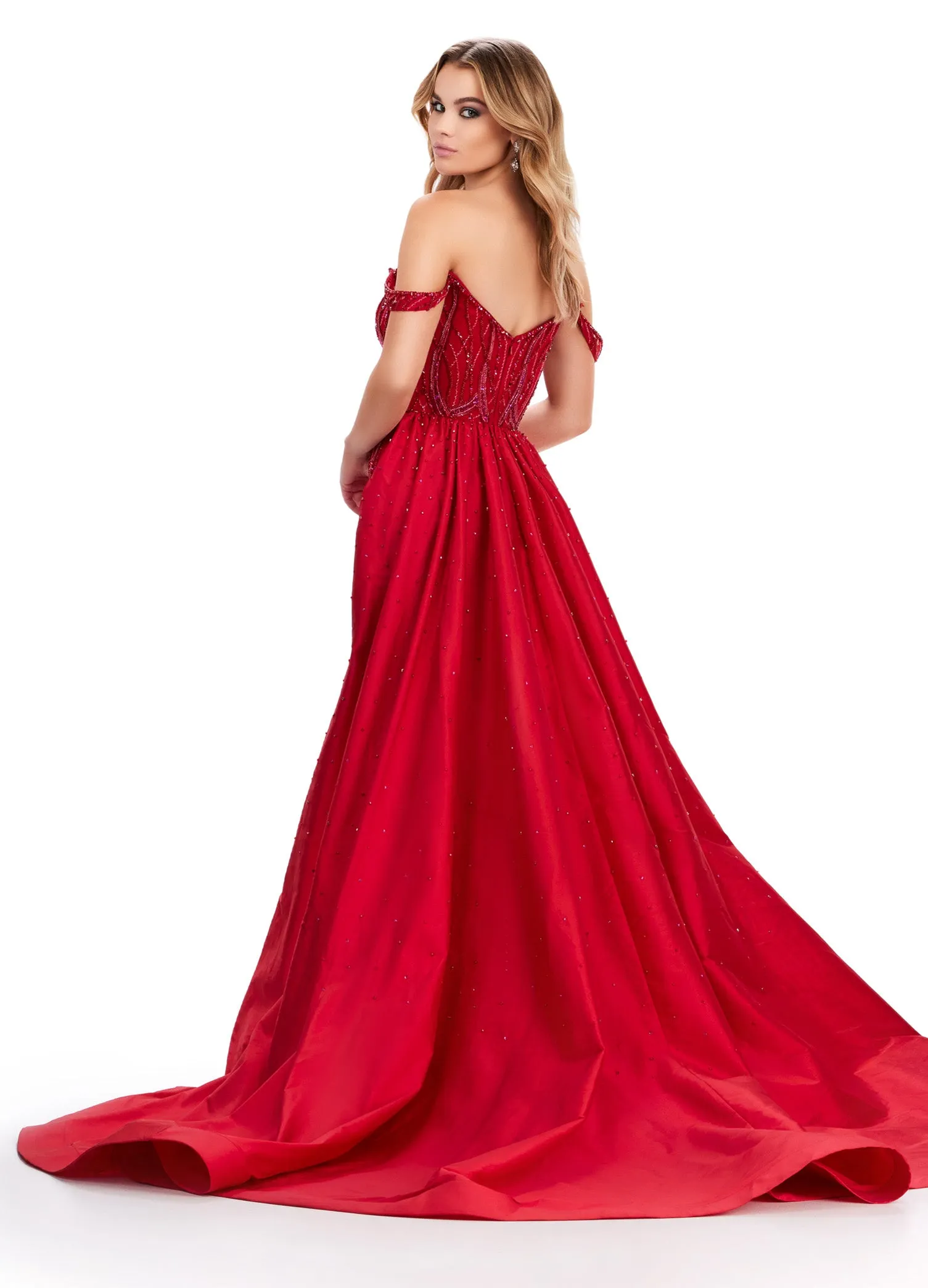 Ashley Lauren 11458 Long Prom Dress Fully Beaded Strapless Gown Off Shoulder Draping Taffeta Overskirt Formal Pageant