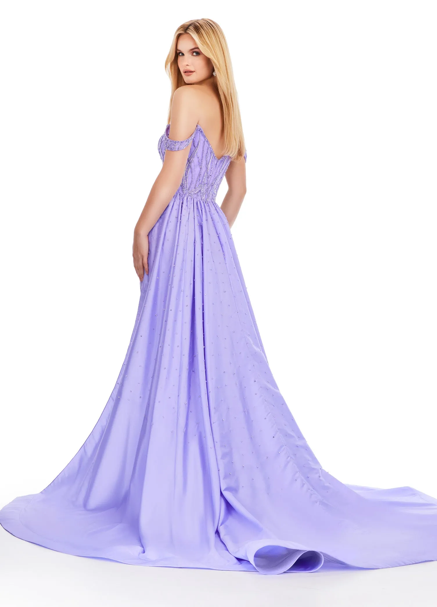 Ashley Lauren 11458 Long Prom Dress Fully Beaded Strapless Gown Off Shoulder Draping Taffeta Overskirt Formal Pageant