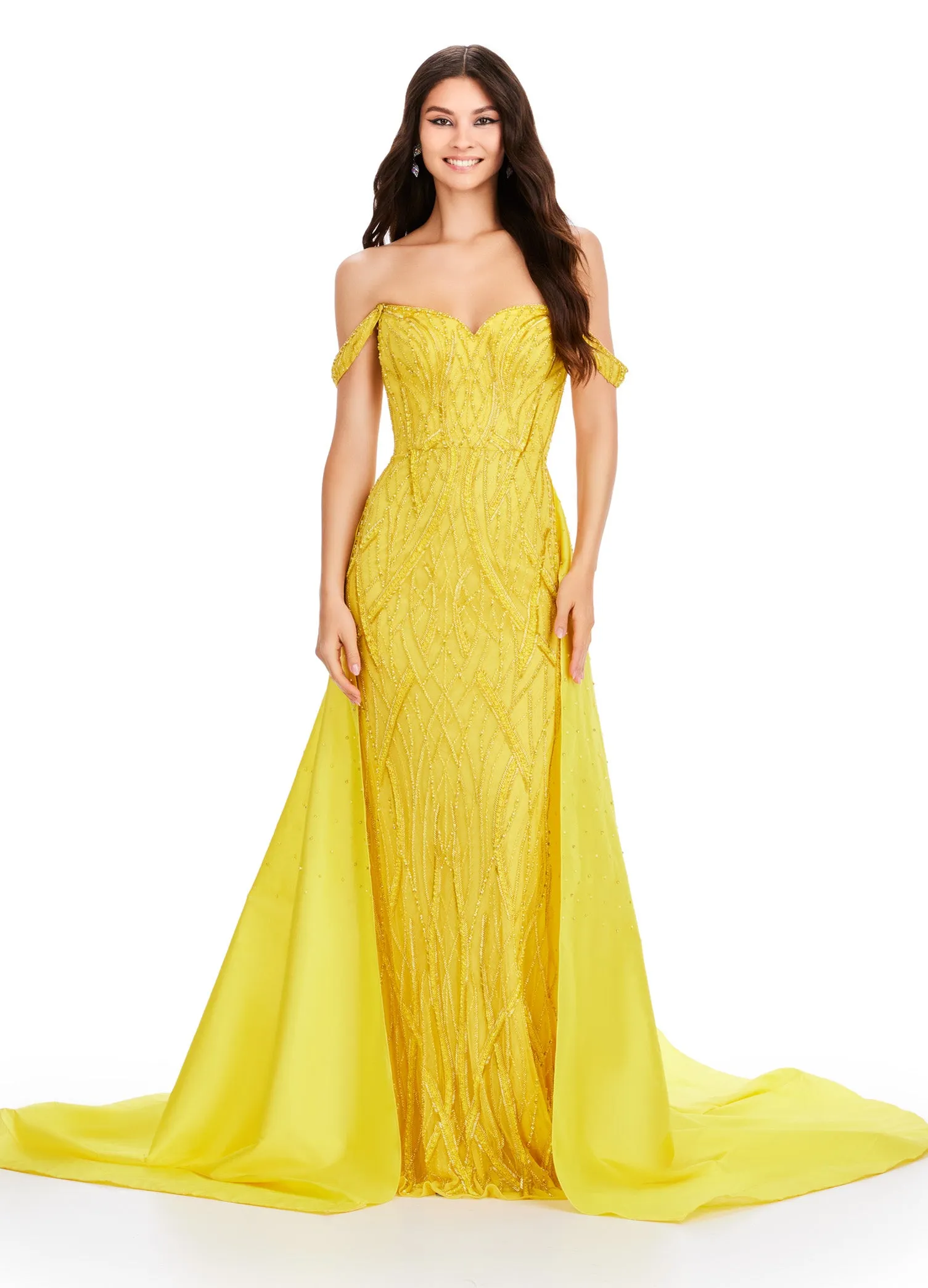 Ashley Lauren 11458 Long Prom Dress Fully Beaded Strapless Gown Off Shoulder Draping Taffeta Overskirt Formal Pageant