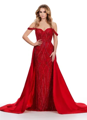Ashley Lauren 11458 Long Prom Dress Fully Beaded Strapless Gown Off Shoulder Draping Taffeta Overskirt Formal Pageant