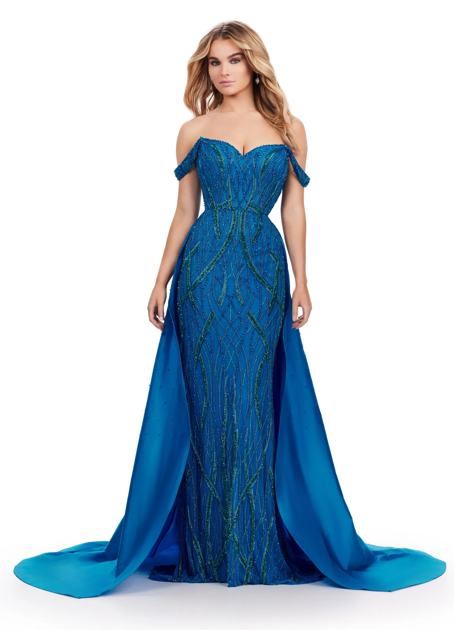 Ashley Lauren 11458 Long Prom Dress Fully Beaded Strapless Gown Off Shoulder Draping Taffeta Overskirt Formal Pageant